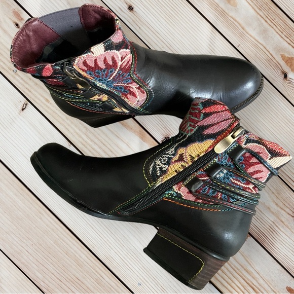 L' Artiste Spring Step Live Leather Tapestry Floral Ankle Bootie Fringe Women - Picture 6 of 15